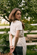 Taupe stripe linen apron, double front pocket detail