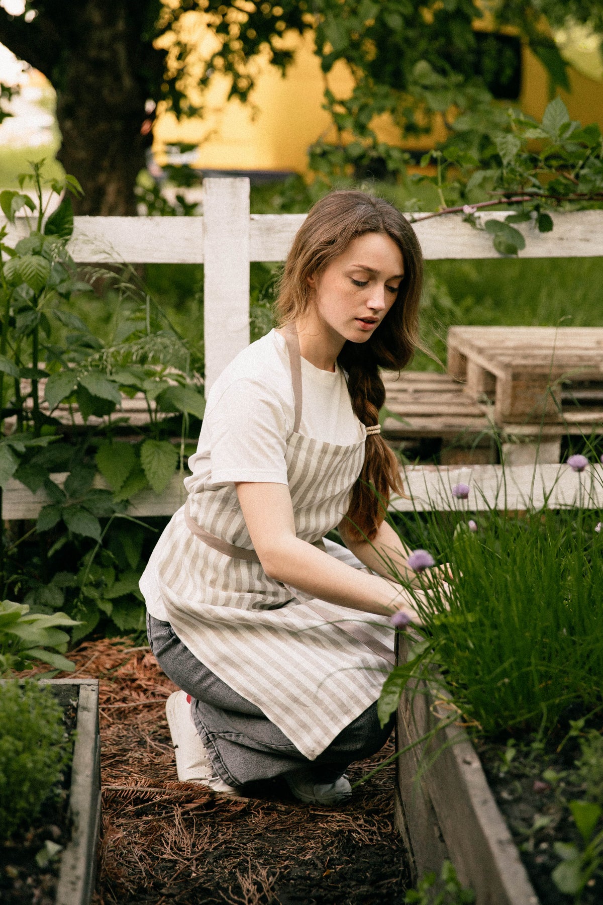 Cream and taupe striped linen apron, neck strap and waist tie detail