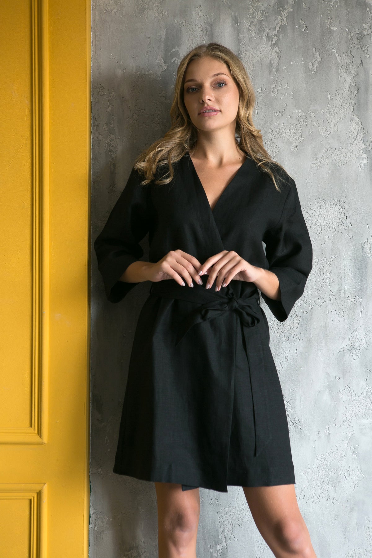 Linen kimono robe worn open