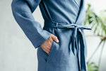 Hooded linen robe, back view showing the hood and length