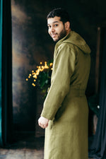 Hooded linen dressing gown, belt tie detail