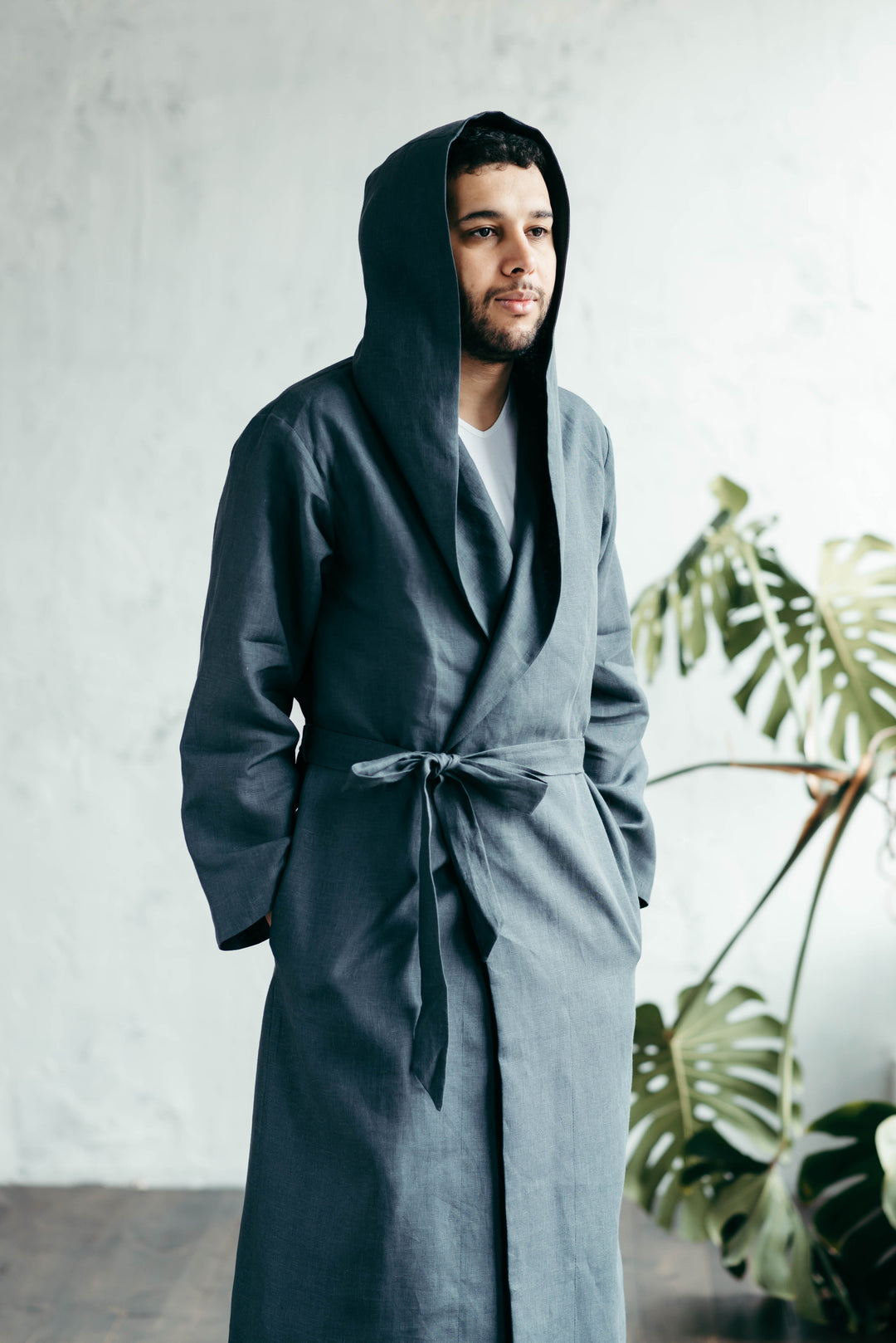 Linen robe with hood, deep side pocket detail