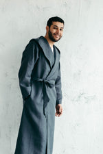 Hooded linen dressing gown, sleeve and cuff detail