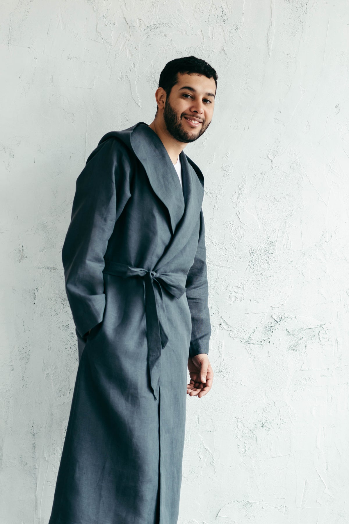 Hooded linen dressing gown, sleeve and cuff detail