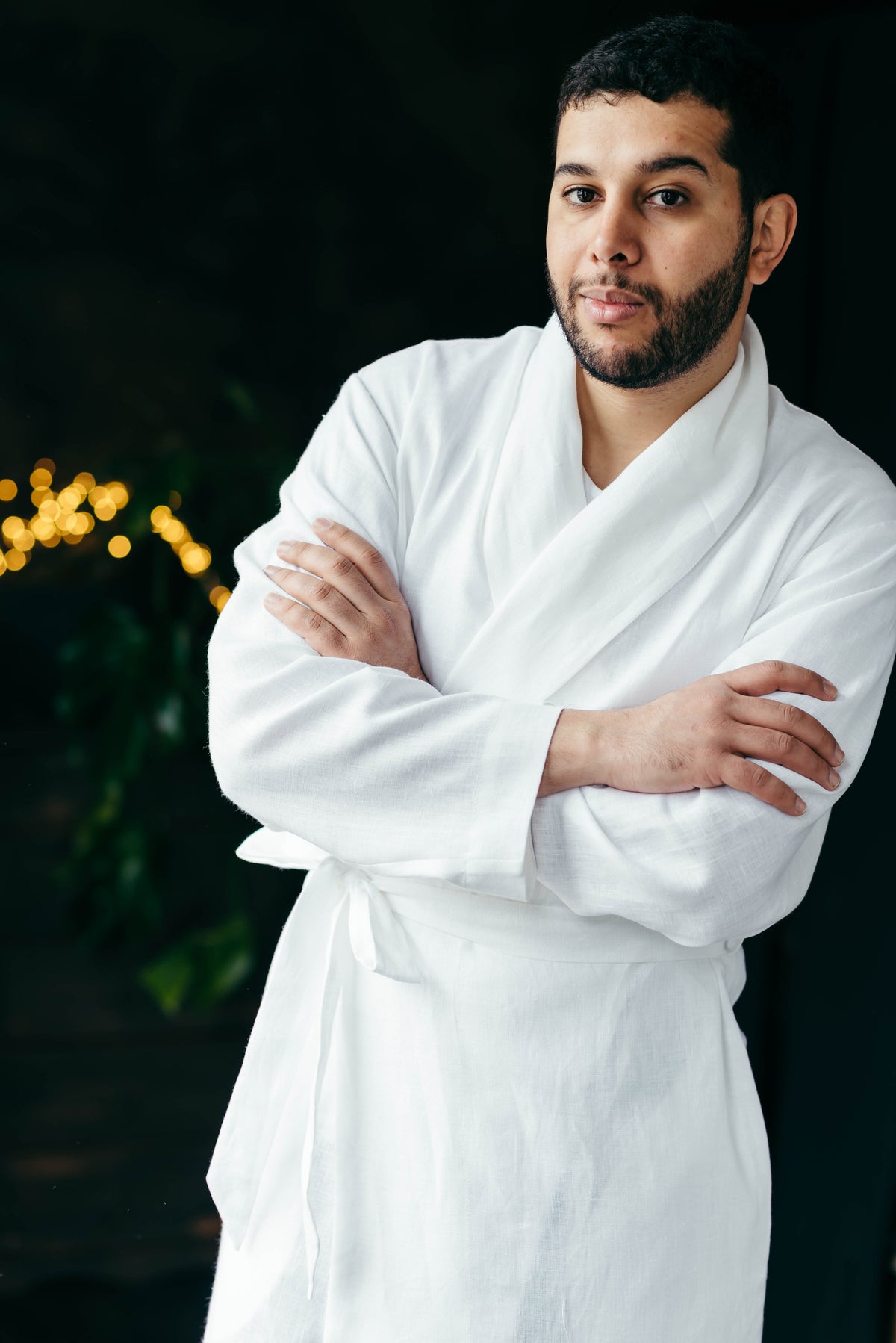 Men's linen robe, belt tie detail