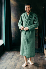 Men's linen bathrobe worn as loungewear