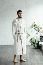 Men's linen robe, sleeve and cuff detail