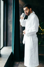 Men's linen bathrobe, styled shot