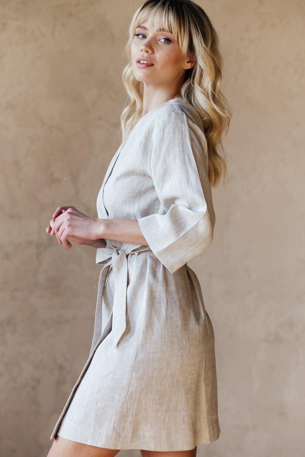 Natural linen kimono robe, front view