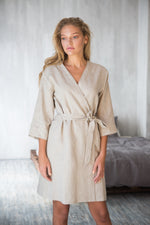 Linen kimono robe in natural linen, full length