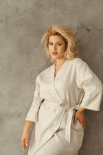 Natural linen kimono robe, side view