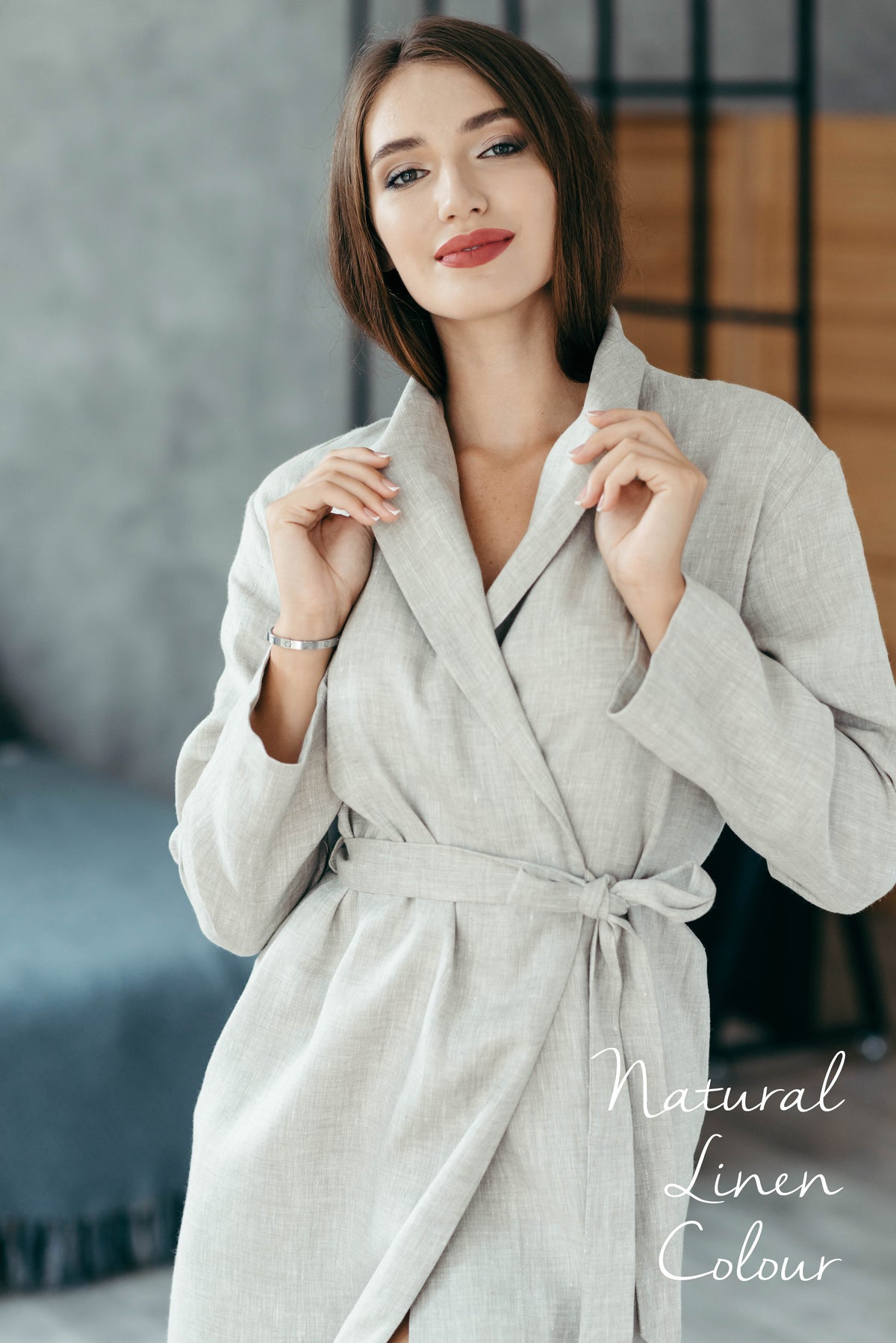 Natural linen spa robe for women in grey