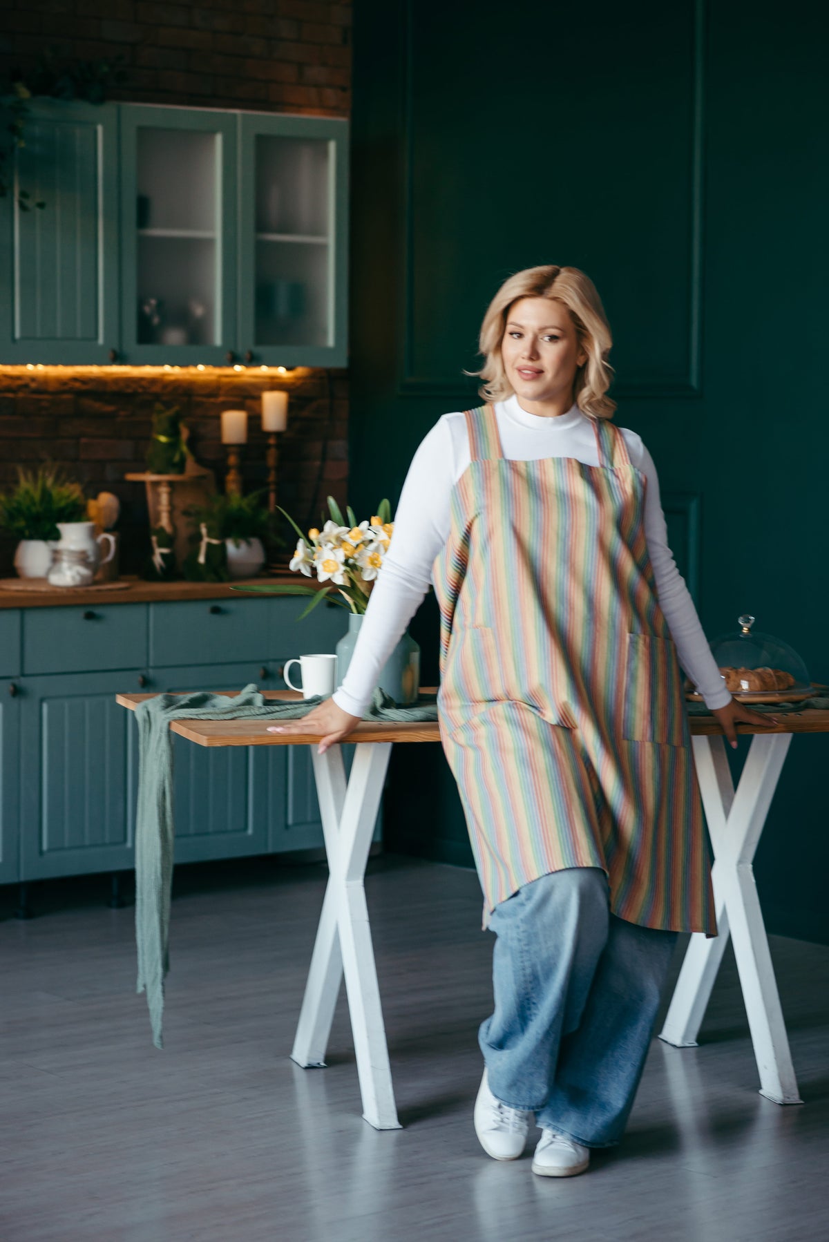 Rainbow stripe linen cross back pinafore apron, full length