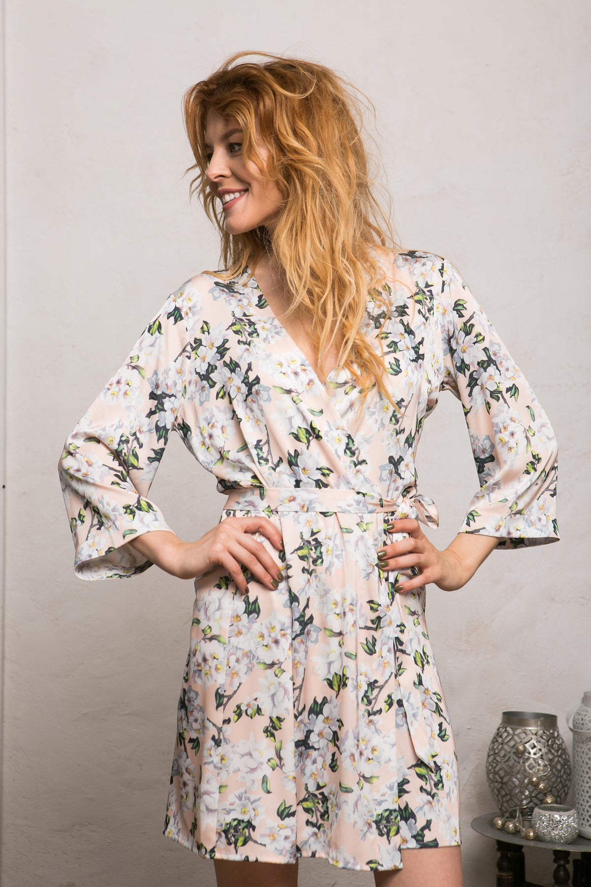 Bridal floral satin robe, white and peach