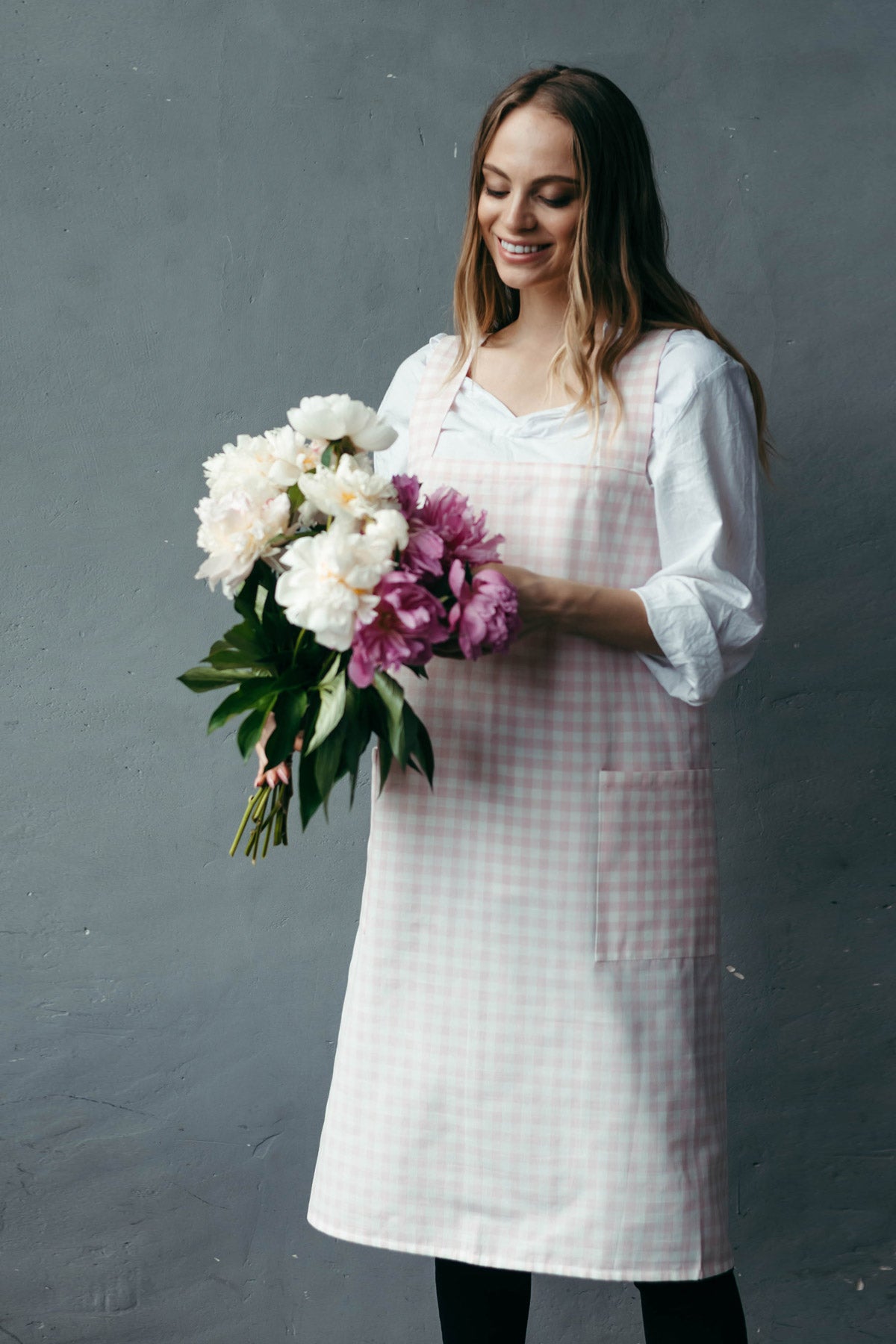 Tapestry print cotton pinafore apron, front view
